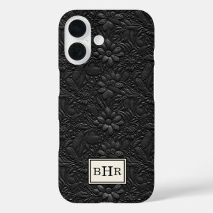 Vintage Zwarte Leer Met Monogram Stempel iPhone 16 Hoesje