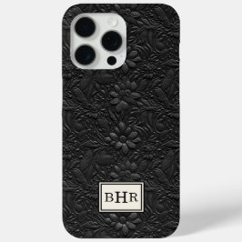 Vintage Zwarte Leer Met Monogram Stempel iPhone 15 Pro Max Hoesje