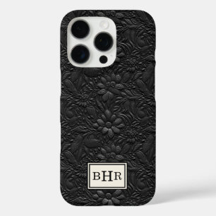 Vintage Zwarte Leer Met Stempel Monogram iPhone 16 Pro Hoesje