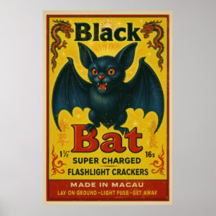 Vintage Zwarte Vleermuis Vuurwerk Label Poster