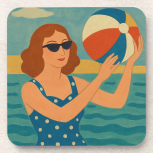 Vintage Zwemmer met Strandbal Bier Onderzetter