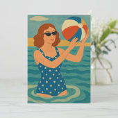 Vintage Zwemmer met Strandbal Kaart (Staand voorkant)