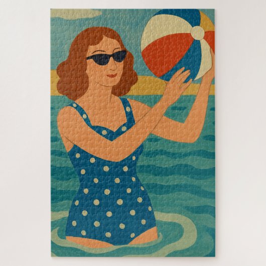 Vintage Zwemmer met Strandbal Legpuzzel (Verticaal)