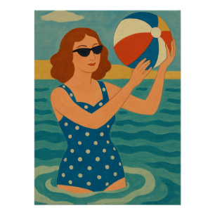 Vintage Zwemmer met Strandbal Perfect Poster
