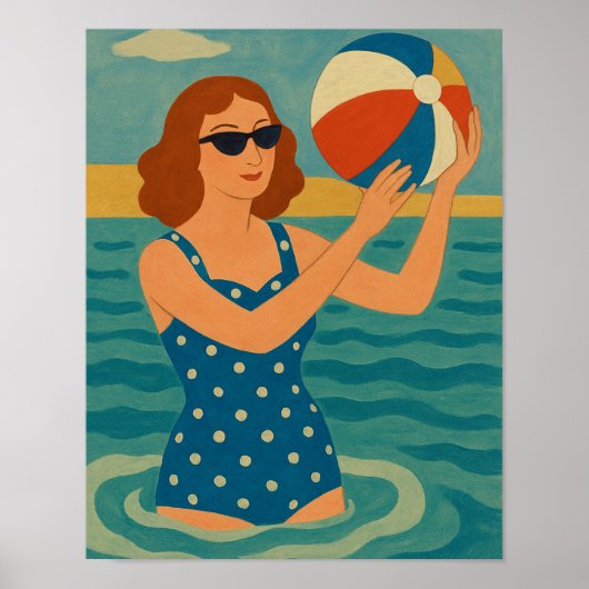 Vintage Zwemmer met Strandbal Poster (Voorkant)