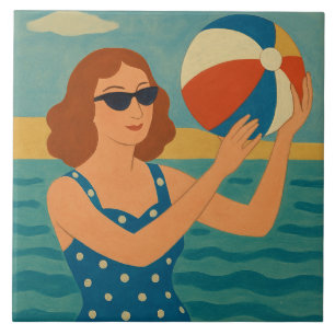 Vintage Zwemmer met Strandbal Tegeltje