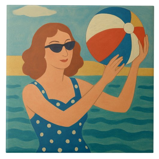 Vintage Zwemmer met Strandbal Tegeltje (Voorkant)