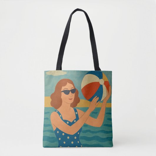 Vintage Zwemmer met Strandbal Tote Bag (Voorkant)