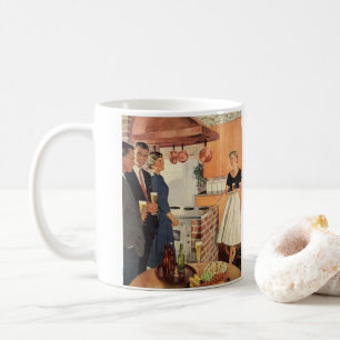 Vintagefeest in de keuken, bier en hapjes koffiemok