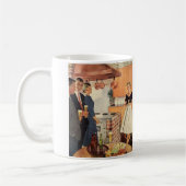 Vintagefeest in de keuken, bier en hapjes koffiemok (Links)