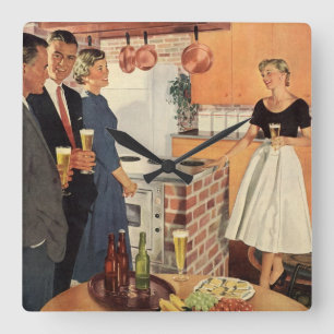 Vintagefeest in de keuken, bier en hapjes vierkante klok