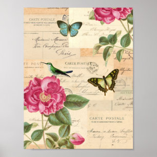 Vintagelegant met rozen en vlinders poster