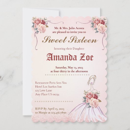 Vintange Sweet 16 / Quinceañera Uitnodiging (Voorkant)