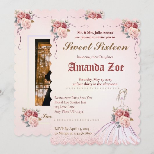 Vintange Sweet 16 / Quinceañera Uitnodiging (Voorkant / Achterkant)