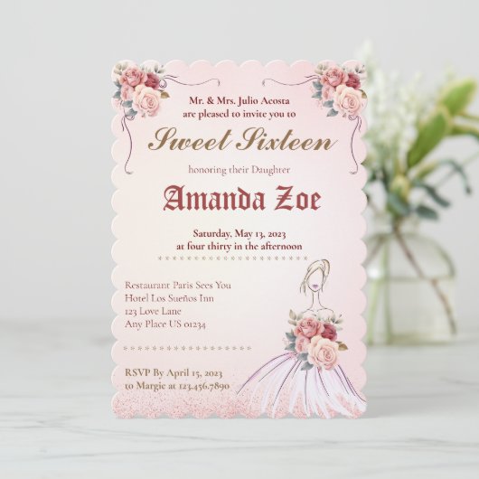 Vintange Sweet 16 / Quinceañera Uitnodiging (Staand voorkant)