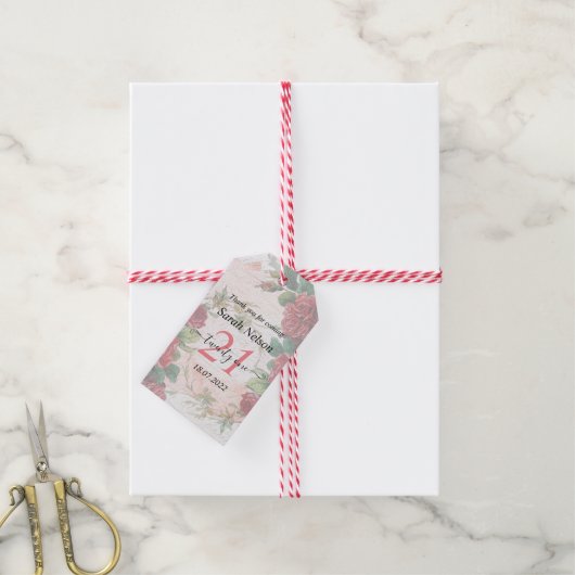 Vinttage Red Roses 21 verjaardag Cadeaulabel (Met Touw)