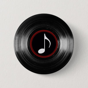 vinyl- en muzieknoot ronde button 5,7 cm