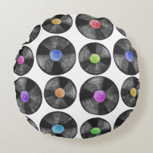 Vinyl LP Records Retro Illustratie Rond Kussen