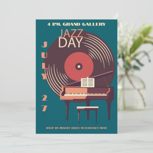 Vinyl & Piano Jazz Uitnodiging (Staand voorkant)