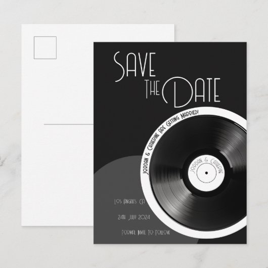 Vinyl Plaat Retro 70er Zwart en Wit Minimalistisch Aankondigingskaart (Voorkant / Achterkant)