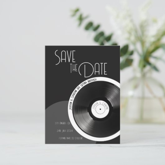 Vinyl Plaat Retro 70er Zwart en Wit Minimalistisch Aankondigingskaart (Staand voorkant)