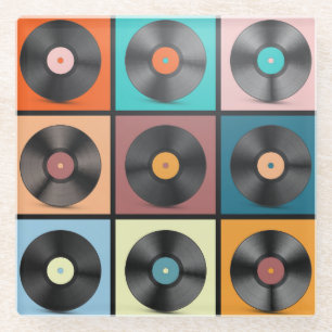 Vinyl platen: retro LP set. Glazen Onderzetter