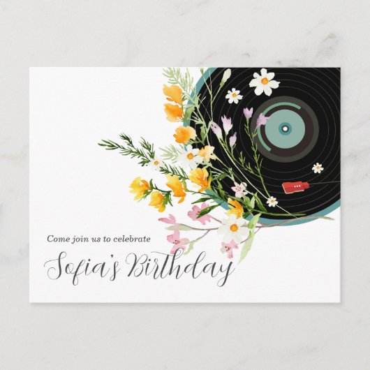 Vinyl Record, floral, Oldies Rustic, damesmuziek Uitnodiging Briefkaart (Voorkant)