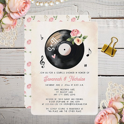Vinyl Record Floral Waterverf Couples Shower Kaart