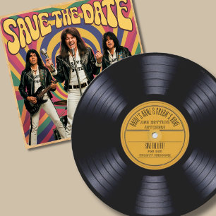 Vinyl record gevormde bruiloft uitnodigen 70s stij kaart