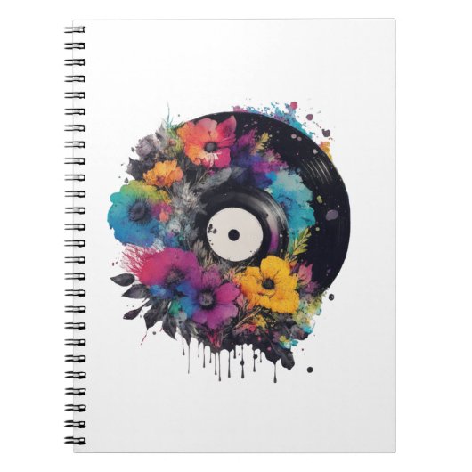 Vinyl record met kleurrijke bloemen notitieboek (Voorkant)