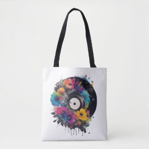 Vinyl record met kleurrijke bloemen tote bag