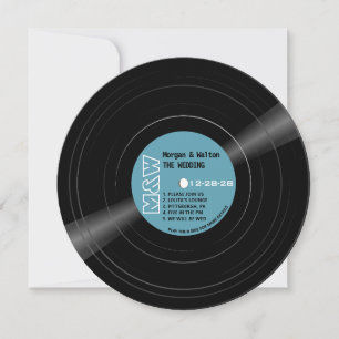 Vinyl Record Monogram Retro Blauw Huwelijk Kaart