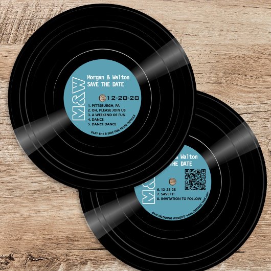 Vinyl Record Monogram - Retro Blue Label Save The Date