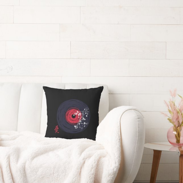 Vinyl Record Retro Grunge met Sakura Blossom Kussen (Bank)
