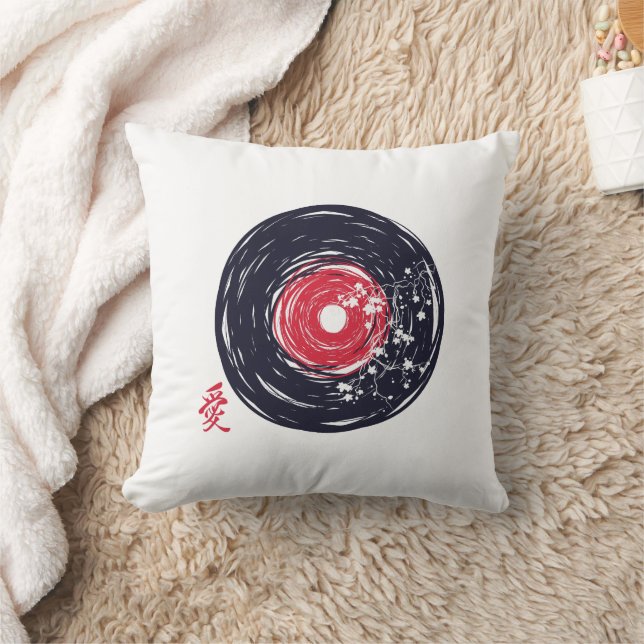 Vinyl Record Retro Grunge met Sakura Blossom Kussen (Deken)