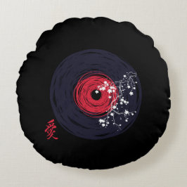 Vinyl Record Retro Grunge met Sakura Blossom Rond Kussen
