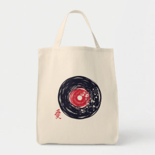 Vinyl Record Retro Grunge met Sakura Blossom Tote Bag