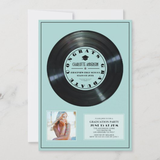 Vinyl Record Turquoise Plaque Foto Afstuderen Kaart (Voorkant)