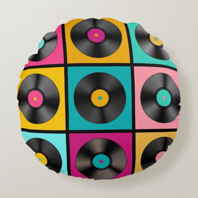  Vinyl Records Retro Achtergrond Rond Kussen (Voorkant)