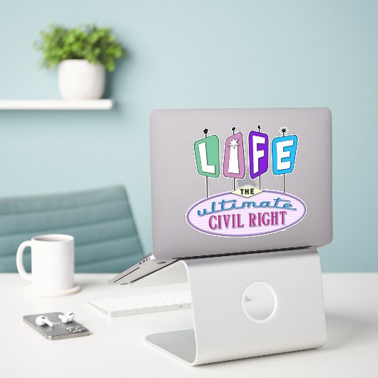 Vinyl sticker met een retro design. (Laptop op bureau)