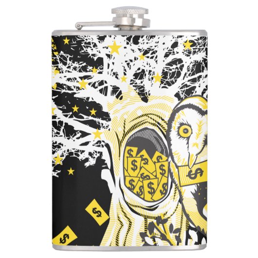 Vinyl Wrapped Flask – Urban Tree Owl & Wealth  Heupfles (Voorkant)