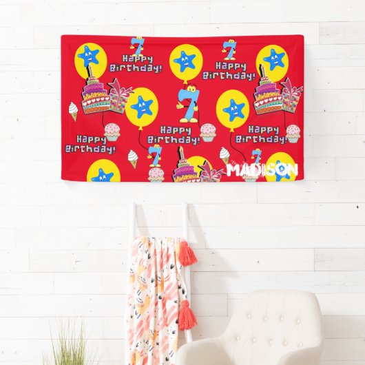 Vinylbanner, Happy 7th Birthday Banner, #7 Red Spandoek (Insitu)