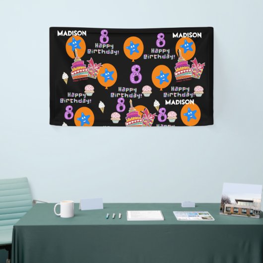 Vinylbanner, Happy 8th Birthday Banner, #8 Black Spandoek (Beurs)