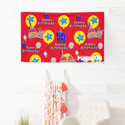 Vinylbanner, Happy 9th Birthday Banner, #9 Red Spandoek (Insitu)