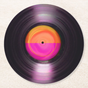 Vinylplaat met roze en Oranje retro Ronde Kartonnen Onderzetter