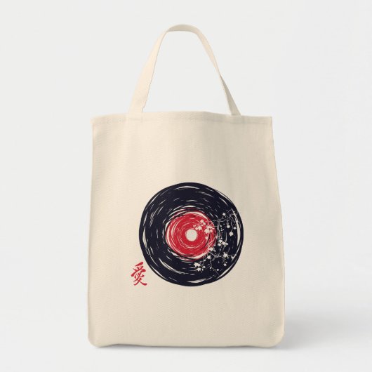 Vinylplaat Retro Grunge Met Sakura Bloesem Tote Bag (Voorkant)