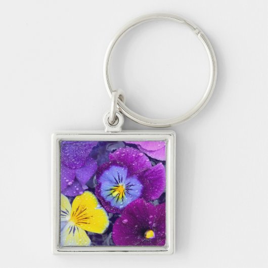 Viola bloemen drijvend in vogelbad met dauw sleutelhanger (Voorkant)