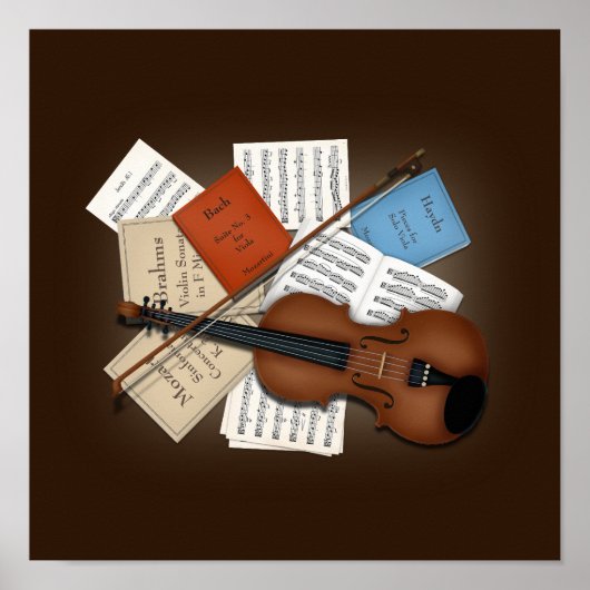 Viola & Bow met Boeken en Blad Muziek Poster (Voorkant)