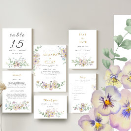 Viola & Eucalyptus Bloemen Bruiloft Uitnodiging