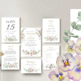 Viola & Eucalyptus Bloemen Bruiloft Uitnodiging